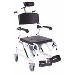 COMODA BASCULANTE (SEDUTA 46cm - LARGHEZZA 49) SU RUOTE PER WC E DOCCIA IN ALLUMINIO  CON POGGIATESTA REGOLABILE E SEDUTA CON WC - PEDANE REGOLABILI - INCLINAZIONE SEDIA REGOLABILE 