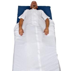 LENZUOLA PIGIAMA CONTENITIVO MANICA LUNGA (adatto per letti da 90 a 105 cm di larghezza) CON GANCI - STUDIATO PER EVITARE CHE IL PAZIENTE POSSA ACCEDERE A PANNOLONI O SONDE - CONSENTE IL MOVIMENTO ED I CAMBI POSTURALI - APERTURA LATERALE 