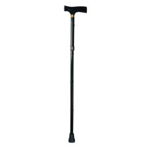 BASTONE PIEGHEVOLE IN ALLUMINIO (Nero - lungo) CON MANICO A "T" - ALTEZZA REGOLABILE 82,5-92,5 cm - PORTATA MAX 100 kg - IMPUGNATURA IN LEGNO E PUNTALI ANTISCIVOLO
