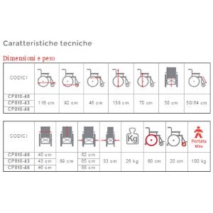 CARROZZINA PIEGHEVOLE AD AUTOSPINTA (Seduta 43 cm) CON SCHIENALE RECLINABILE - IN ALLUMINIO VERNICIATO - DOPPIA CROCIERA - BRACCIOLI REGOLABILI E RIBALTABILI - FRENO OPERATORE - MODELLO COMFY