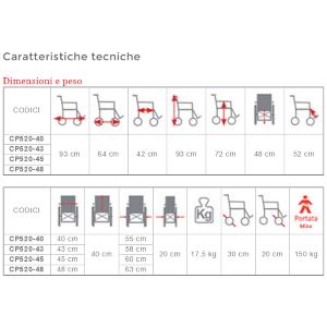 CARROZZINA GO UP CON SEDUTA 43 cm - DA TRANSITO E CON FRENO OPERATORE - IN ACCIAIO A DOPPIA CROCIERA E PORTATA DI 150 Kg - RUOTE POSTERIORI IN PU - PEDANE REGOLABILI - SCHIENALE RECLINABILE E BRACCIOLI RIBALTABILI - PESO 17,5 Kg