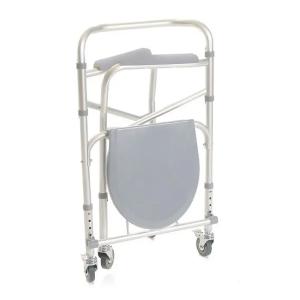 COMODA PER DOCCIA CON BRACCIOLI E RUOTE PIROETTANTI CON FRENO - 4 FUNZIONI IN UNA (rialzo per water, supporto per water, sedia comoda e sedile per doccia) - L:50 x P:43 (ingombro max 52) x H:64÷74 cm - Altezza seduta regolabile da 47 a 57 cm