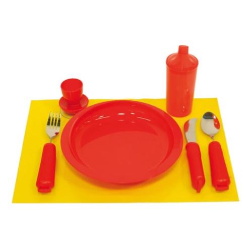 COMPLETO PER MANGIARE (TOVAGLIETTA ANTISCIVOLO-PIATTO-POSATE-BICCHIERE-PORTA UOVO) INDICATO A PERSONE CON ALZHEIMER  (7 pezzi)