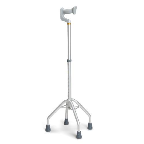 QUADRIPODE A BASE LARGA CON MANICO APERTO - ALTEZZA REGOLABILE 75-95 cm - PORTATA MAX 130kg - IMPUGNATURA ANATOMICA - PUNTALI ANTISCIVOLO - IN ALLUMINIO ANODIZZATO