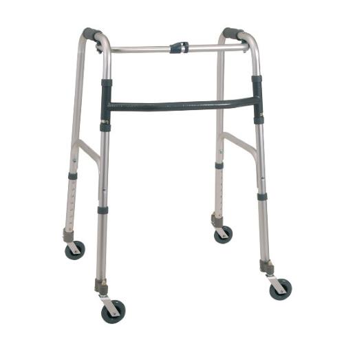 DEAMBULATORE PIEGHEVOLE IN ALLUMINIO CON 4 RUOTE PIROETTANTI - ALTEZZA REGOLABILE 82,5-100 cm - PORTATA MAX 130 kg - MANOPOLE IMBOTTITE - CON PULSANTE - IN ALLUMINIO