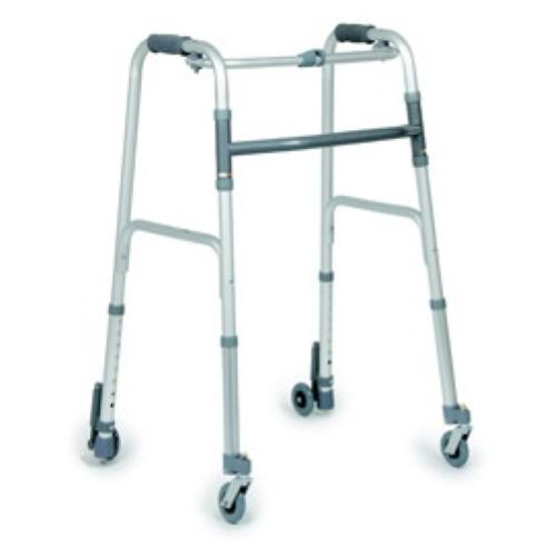 DEAMBULATORE PIEGHEVOLE CON 2 RUOTE PIROETTANTI FRONTALI, 2 POSTERIORI AUTOBLOCCANTI - ALTEZZA REGOLABILE 85-103 cm - PORTATA MAX 130 kg - CON PULSANTE - IN ALLUMINIO 