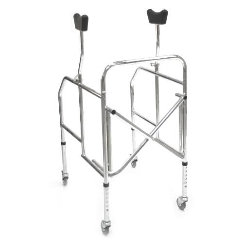 DEAMBULATORE PIEGHEVOLE CON APPOGGIO SOTTOASCELLARE - 4 RUOTE PIROETTANTI (2 CON FRENI) - GAMBE REGOLABILI IN ALTEZZA 86-98,5cm - ALTEZZA APPOGGI REGOLABILE 117-147cm - PORTATA MAX 130 kg - IN ACCIAIO CROMATO