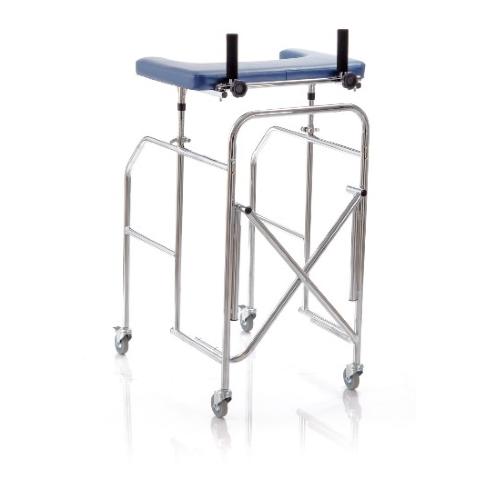 NOLEGGIO MENSILE - DEAMBULATORE PIEGHEVOLE CON APPOGGIO ANTIBRACHIALE A TAVOLO - 4 RUOTE PIROETTANTI (2 CON FRENI) - PORTATA MAX 130 kg - AMPIO PIANO IMBOTTITO INCAVO, CON DUE MANIGLIE REGOLABILI IN INCLINAZIONE E LARGHEZZA - IN ACCIAIO CROMATO
