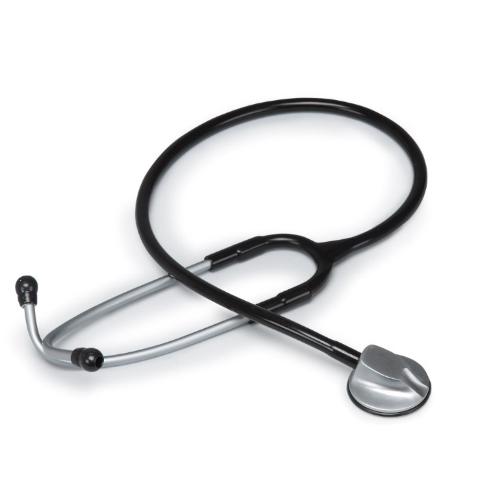 FONENDOSCOPIO (Tubo nero) CON TESTA PIATTA ANATOMICA IN ZINCO E ARCHETTO BIAURICOLARE IN ACCIAIO INOX - ANELLO ANTIFREDDO - LATEX FREE - COMPRESO NEL PREZZO KIT DI RICAMBIO MEMBRANA E 4 AURICOLARI 