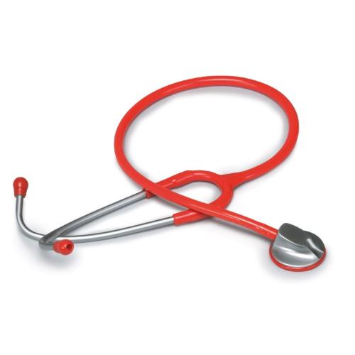FONENDOSCOPIO (Tubo rosso) CON TESTA PIATTA ANATOMICA IN ZINCO E ARCHETTO BIAURICOLARE IN ACCIAIO INOX - ANELLO ANTIFREDDO - LATEX FREE - 
