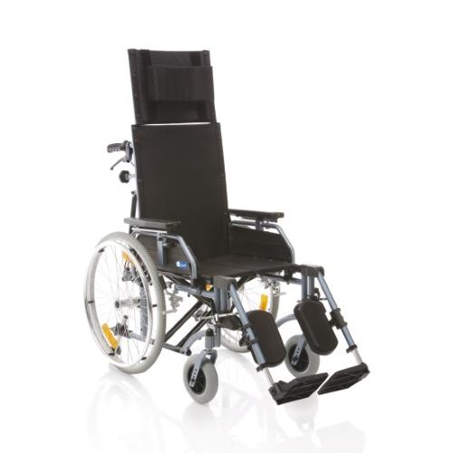 CARROZZINA PIEGHEVOLE AD AUTOSPINTA (Seduta 46 cm) CON SCHIENALE RECLINABILE - IN ALLUMINIO VERNICIATO - DOPPIA CROCIERA - BRACCIOLI REGOLABILI E RIBALTABILI - FRENO OPERATORE - MODELLO COMFY