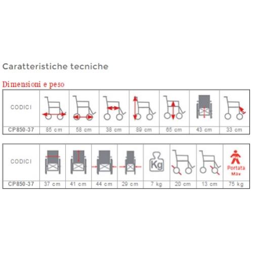 CARROZZINA PIEGHEVOLE DA VIAGGIO (Seduta 37 cm)  IN ALLUMINIO VERNICIATO - DOPPIA CROCIERA - BRACCIOLI RECLINABILI - MODELLO TRAVEL