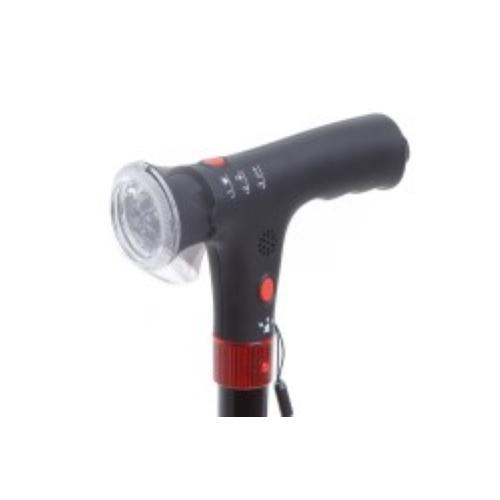 BASTONE REGOLABILE (Alluminio) CON LUCE DI CORTESIA ED AVVISATORE ACUSTICO - MANICO A "T" - ALTEZZA REGOLABILE 74-96,5 cm - PORTATA MAX 100 kg - COMANDI SULL'IMPUGNATURA E PUNTALI ANTISCIVOLO - IN ALLUMINIO