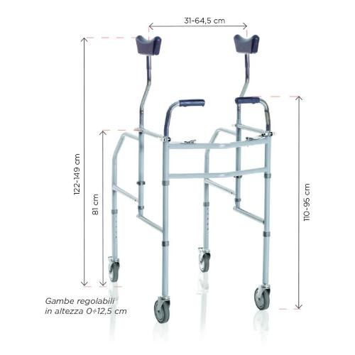 DEAMBULATORE PIEGHEVOLE CON APPOGGIO SOTTOASCELLARE -  GAMBE REGOLABILI IN ALTEZZA - ACCIAIO VERNICIATO - 4 RUOTE PIROETTANTI (2 CON FRENI) - IMPUGNATURA ANATOMICA - REGOLABILE IN ALTEZZA, LARGHEZZA E PROFONDITA'