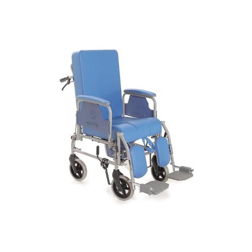 COMODA (Seduta 40 cm - INGOMBRO 60) CON SCHIENALE RECLINABILE E FRENO OPERATORE - IN ACCIAIO VERNICIATO - Poggiapiedi e poggiapolpacci regolabili in altezza - Pedane elavabili ed estraibili lateralmente - WC estraibile e lavabile