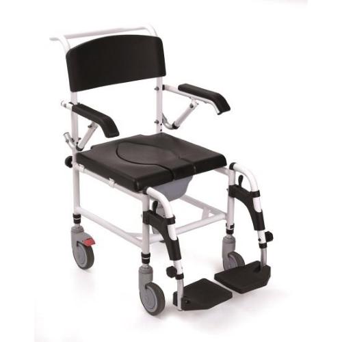 COMODA (seduta 46cm - LARGHEZZA 49) PER WC E DOCCIA IN ALLUMINIO VERNICIATO - CON BRACCIOLI RIBALTABILI E PEDANE RIBALTABILI GIREVOLI, ESTRAIBILI CON POGGIAPIEDI REGOLABILI IN ALTEZZA - 4 RUOTE PIROETTANTI