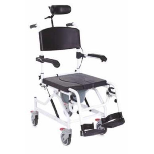 COMODA BASCULANTE (SEDUTA 46cm - LARGHEZZA 49) SU RUOTE PER WC E DOCCIA IN ALLUMINIO  CON POGGIATESTA REGOLABILE E SEDUTA CON WC - PEDANE REGOLABILI - INCLINAZIONE SEDIA REGOLABILE 