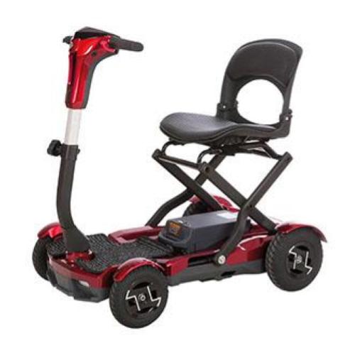 SCOOTER PIEGHEVOLE (Rosso) - Chiusura automatica - leggero, compatto e confortevole - Portata massima 120 Kg - Sterzo regolabile in altezza - 4 Ruote pneumatiche - Ruotine di trasporto - Luci a led anteriori e posteriori 