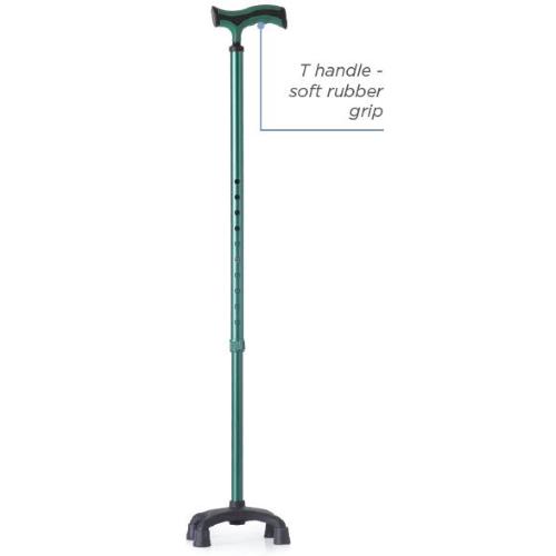 BASTONE REGOLABILE IN ALLUMINIO (Verde) CON BASE QUADRIPODE - MANICO A "T" - ALTEZZA REGOLABILE 74-97 cm - PORTATA MAX 110 kg