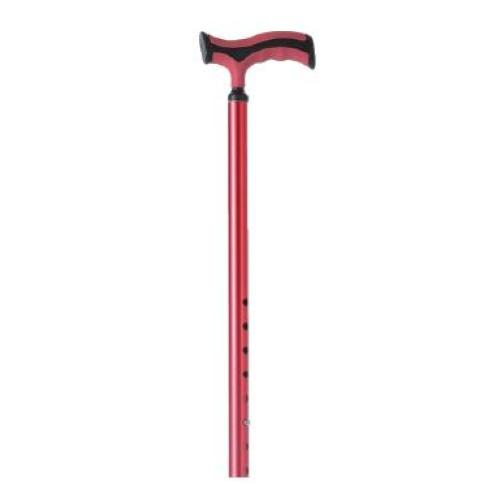 BASTONE REGOLABILE IN ALLUMINIO (Rosso) CON BASE QUADRIPODE - MANICO A "T" - ALTEZZA REGOLABILE 74-97 cm - PORTATA MAX 110 kg