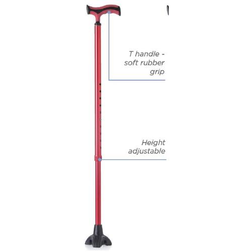 BASTONE REGOLABILE IN ALLUMINIO (Rosso) CON PUNTALE BASE LARGA - MANICO A "T" - ALTEZZA REGOLABILE 74-97 cm - PORTATA MAX 110 kg