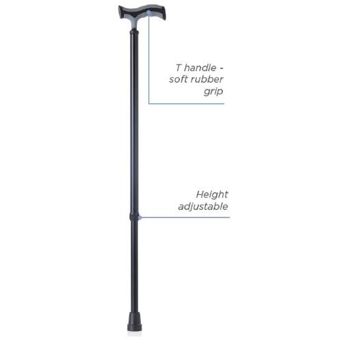 BASTONE REGOLABILE IN ALLUMINIO (Nero) CON PUNTALE STANDARD - MANICO A "T" - ALTEZZA REGOLABILE 72-95 cm - PORTATA MAX 110 kg