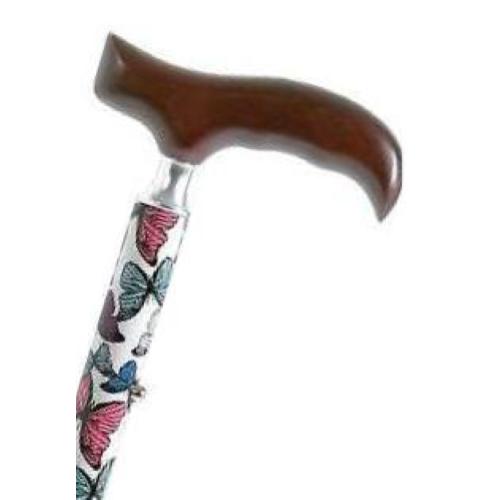 BASTONE REGOLABILE IN ALLUMINIO CON MOTIVO FARFALLA CON MANICO DERBY - ALTEZZA REGOLABILE 68÷90,5 cm - PORTATA MAX 100kg - CON IMPUGNATURA IN LEGNO E PUNTALI ANTISCIVOLO 