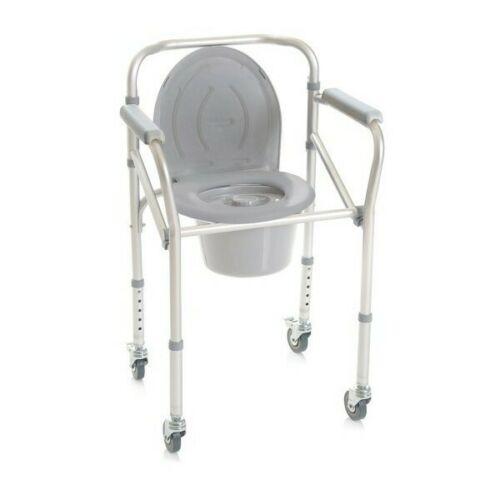 COMODA PER DOCCIA CON BRACCIOLI E RUOTE PIROETTANTI CON FRENO - 4 FUNZIONI IN UNA (rialzo per water, supporto per water, sedia comoda e sedile per doccia) - L:50 x P:43 (ingombro max 52) x H:64÷74 cm - Altezza seduta regolabile da 47 a 57 cm