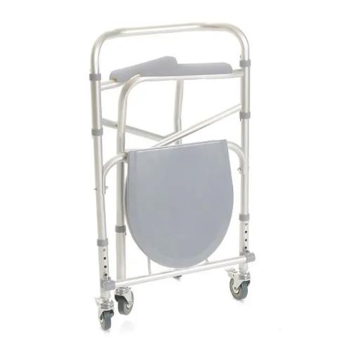 COMODA PER DOCCIA CON BRACCIOLI E RUOTE PIROETTANTI CON FRENO - 4 FUNZIONI IN UNA (rialzo per water, supporto per water, sedia comoda e sedile per doccia) - L:50 x P:43 (ingombro max 52) x H:64÷74 cm - Altezza seduta regolabile da 47 a 57 cm