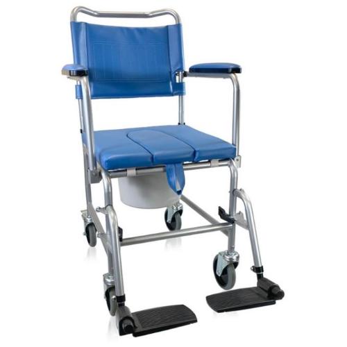 COMODA (seduta 43 cm) IN ACCIAIO CON SCHIENALE SMONTABILE - 4 RUOTE PIROETTANTI DIAM. 12.5 CM DI CUI 2 CON FRENO - SEDILE IMBOTTITO - BRACCIOLI RIBALTABILI - POGGIAPIEDI REGOLABILI IN ALTEZZA, ESTRAIBILI  - CON SECCHIO