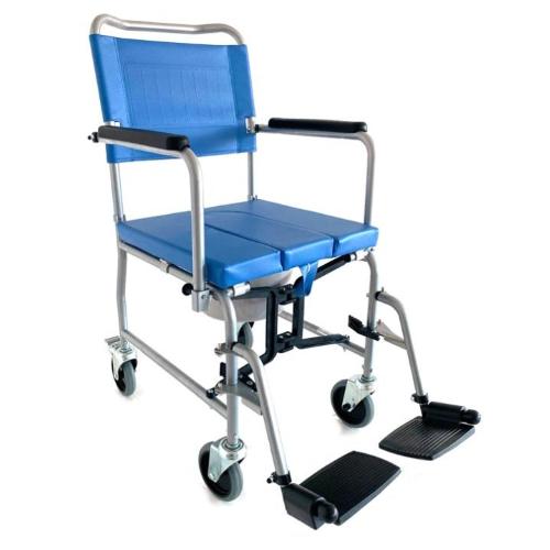 COMODA (seduta 43cm - LARGHEZZA 52.5) IN ACCIAIO - PIEGHEVOLE - CON SCHIENALE FISSO ESTRAIBILE- 4 RUOTE PIROETTANTI DI CUI 2 CON FRENO - SEDILE IMBOTTITO - POGGIAPIEDI REGOLABILI IN ALTEZZA, ESTRAIBILI  - CON SECCHIO