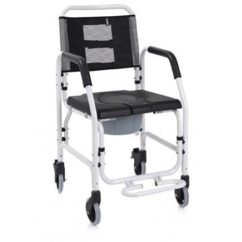 Sedia per doccia e WC fissa con 4 ruote - (Seduta 43,5 cm) - (Portata Max 100kg) Seduta e braccioli in PU - WC asportabile - Pedane ribaltabili