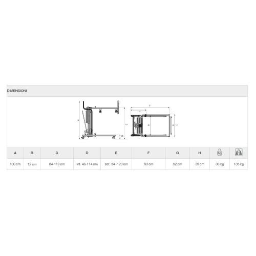MUEVO HOME LIGHT ELEKTRISCHER HEBER - (Maximale Belastung 135 kg) - Beinöffnungsmechanismus durch Hebel - Wiederaufladbarer Akku - Notfallknopf - 5 Räder, davon 2 hinten mit Bremsen - Zerlegbare horizontale Arme - Abnehmbare Beine
