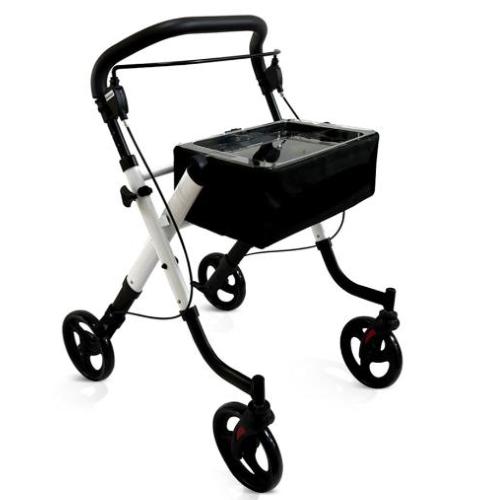 ROLLATOR PIEGHEVOLE IN ALLUMINIO DA INTERNI - MANIGLIA DI SPINTA UNICA - MANIGLIA FRENO A LEVA UNICA - VASSOIO TRASPARENTE - BORSA PORTAOGGETI IN TESSUTO