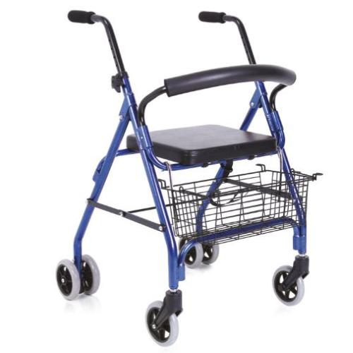 ROLLATOR PIEGHEVOLE IN ALLUMINIO VERNICIATO – RUOTE DI Ø 20 CM - RUOTE FRONTALI PIROETTANTI E RUOTE POSTERIORI FISSE GEMELLATE CON SISTEMA AUTO BLOCCANTE A PRESSIONE - SCHIENALE E SEDUTA IMBOTTITI - FORNITO CON CESTINO PORTAOGGETTI