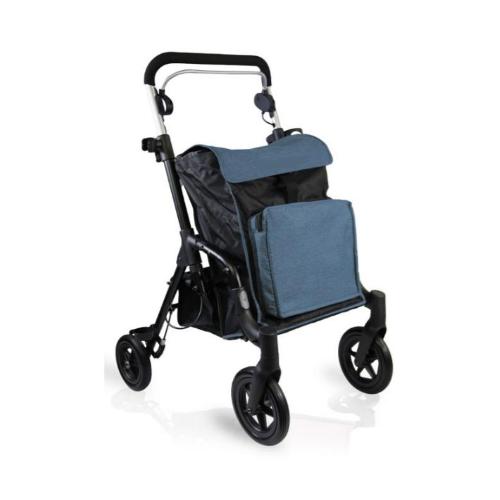 ROLLATORE PER SHOPPING (BLU) - Borsa anteriore con tasca termica - Portaoggetti posteriore - Portabastone e portabottiglia - Regolabile in altezza - Freno di stazionamento - Facile da chiudere 