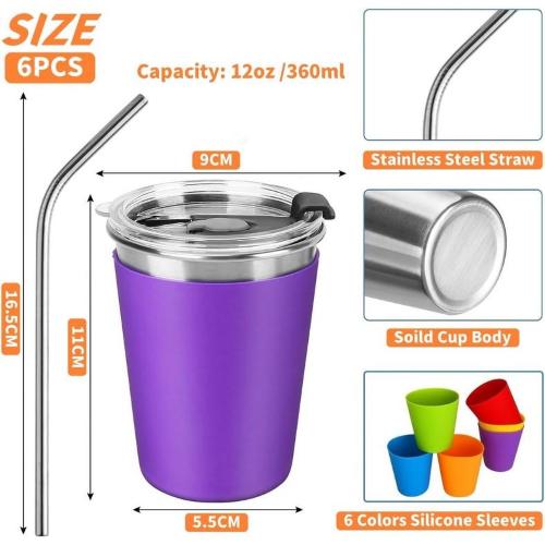 Biberina infrangibile in Acciaio Inox con Coperchio con foro e tappo e Cannuccia, 360ml,  rivestimento termico removibile in Silicone colorato.