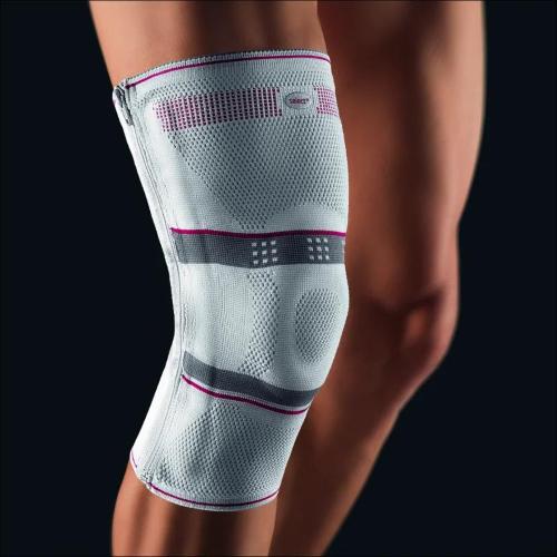 BORT select® StabiloGen® - Argento - Taglia 4+ (Polpaccio 37-41 cm, Giro coscia 48-52 cm) Stecca elastica a spirale per lato per la stabilizzazione laterale - Ginocchiera classica per la compressione dei tessuti molli con pelotta in silicone 