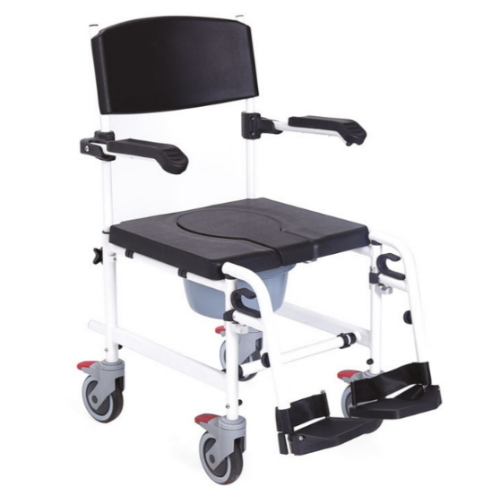 COMODA (seduta 46cm - LARGHEZZA 49) PER WC E DOCCIA IN ALLUMINIO VERNICIATO - CON BRACCIOLI RIBALTABILI E PEDANE RIBALTABILI GIREVOLI, ESTRAIBILI CON POGGIAPIEDI REGOLABILI IN ALTEZZA - 4 RUOTE PIROETTANTI